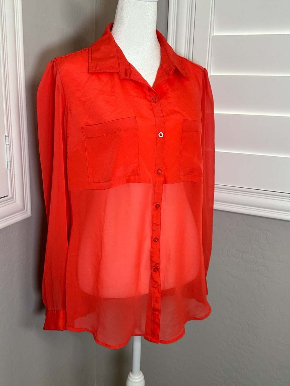 Candie's Red Sheer Button-Down Utility Shirt with Pockets